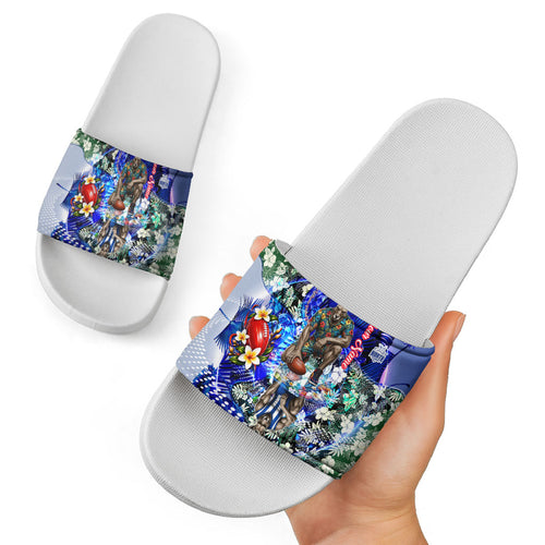 Personalized North Melbourne Football Kangaroos Slide Sandals Tropical Hibiscus Flowers - Pacific Fusion Style