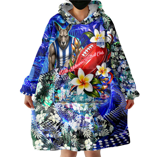 Personalized North Melbourne Football Kangaroos Wearable Blanket Hoodie Tropical Hibiscus Flowers - Pacific Fusion Style