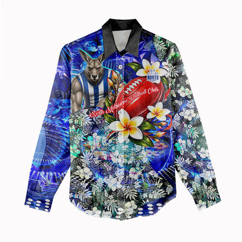 Personalized North Melbourne Football Kangaroos Women Casual Shirt Tropical Hibiscus Flowers - Pacific Fusion Style