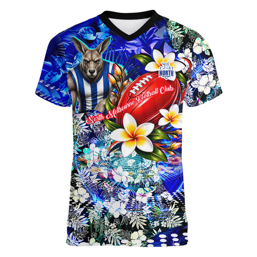 Personalized North Melbourne Football Kangaroos Women V-Neck T-Shirt Tropical Hibiscus Flowers - Pacific Fusion Style