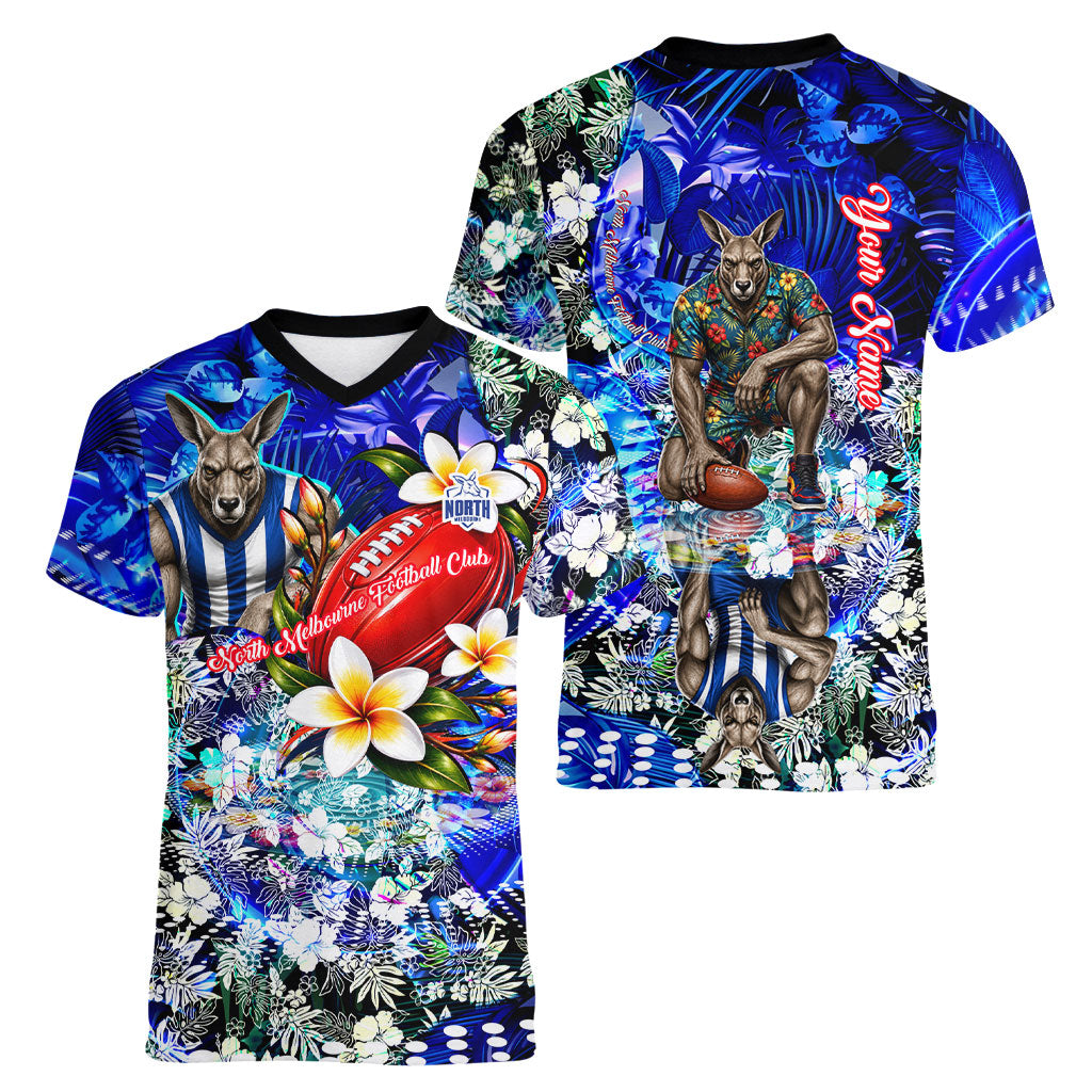 Personalized North Melbourne Football Kangaroos Women V-Neck T-Shirt Tropical Hibiscus Flowers - Pacific Fusion Style