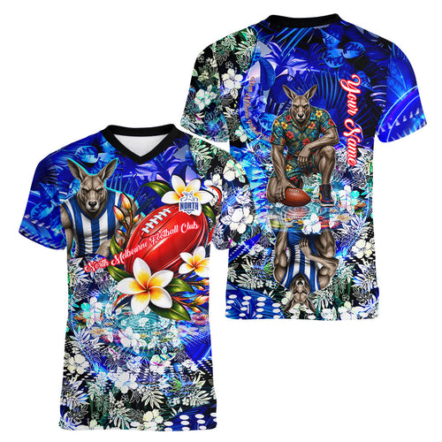 Personalized North Melbourne Football Kangaroos Women V-Neck T-Shirt Tropical Hibiscus Flowers - Pacific Fusion Style
