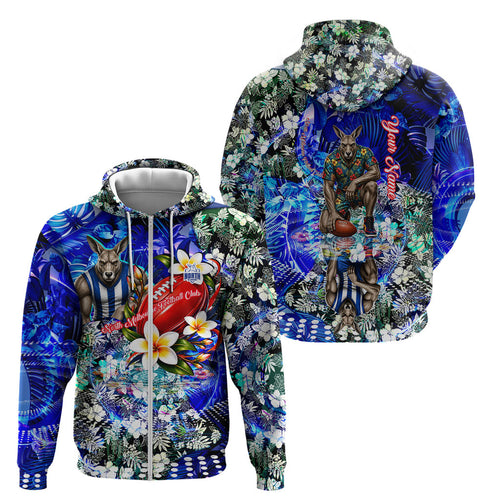 Personalized North Melbourne Football Kangaroos Zip Hoodie Tropical Hibiscus Flowers - Pacific Fusion Style