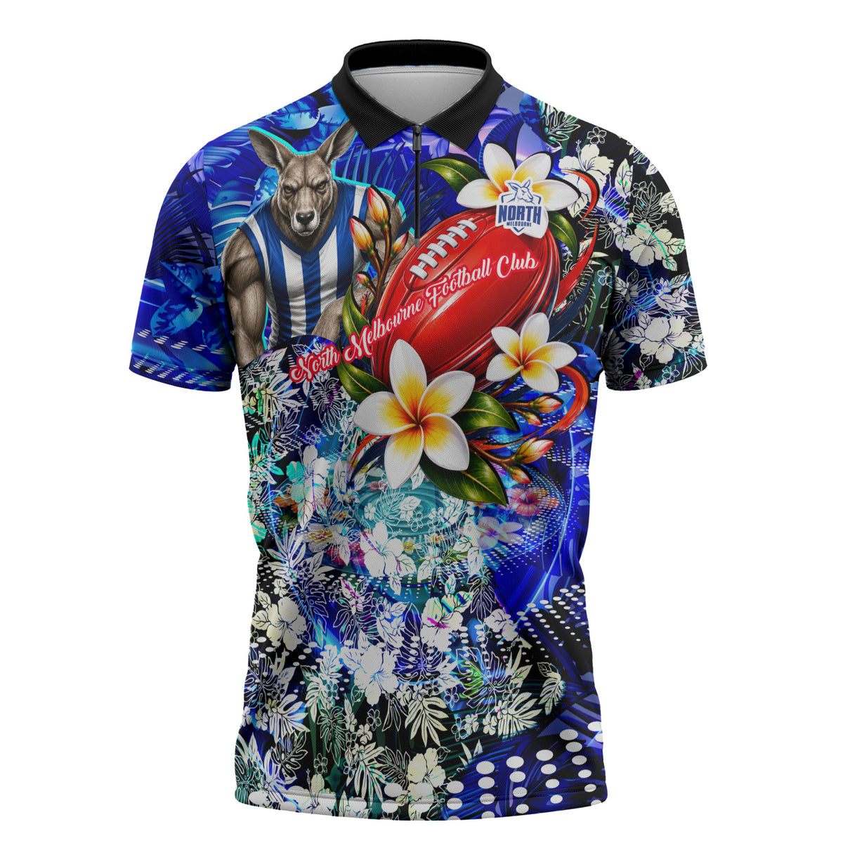 Personalized North Melbourne Football Kangaroos Zipper Polo Shirt Tropical Hibiscus Flowers - Pacific Fusion Style