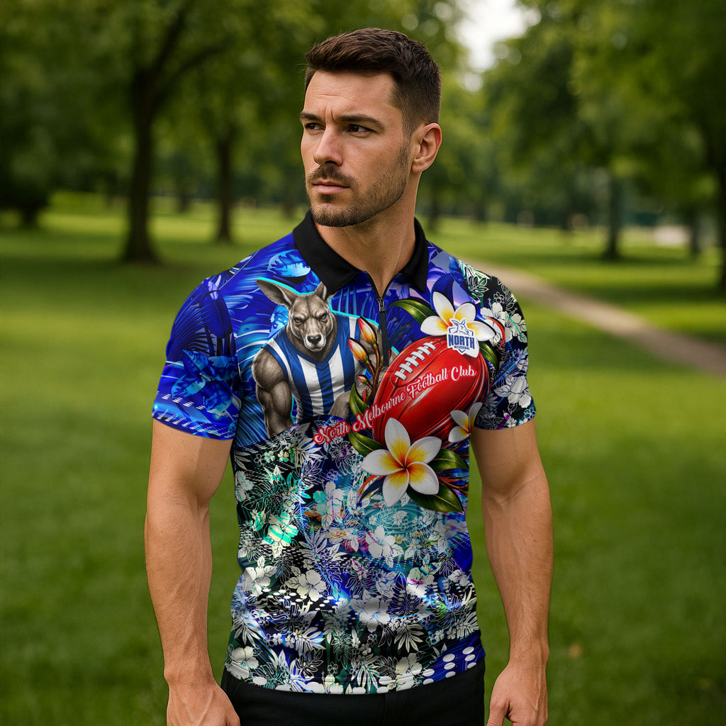 Personalized North Melbourne Football Kangaroos Zipper Polo Shirt Tropical Hibiscus Flowers - Pacific Fusion Style
