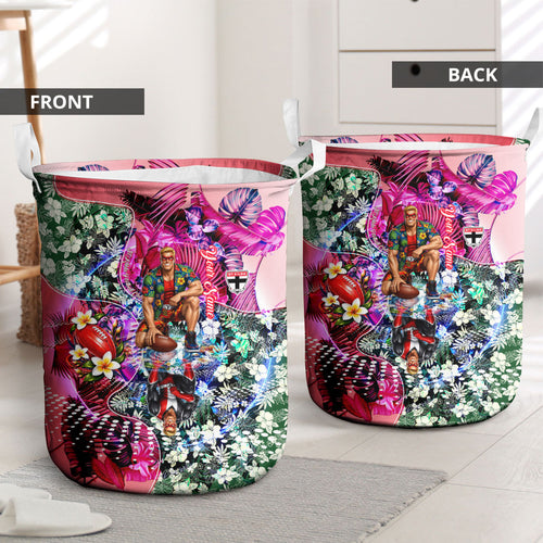 Personalized St Kilda Football Saints Laundry Basket Tropical Hibiscus Flowers - Pacific Fusion Style