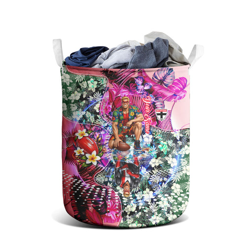 Personalized St Kilda Football Saints Laundry Basket Tropical Hibiscus Flowers - Pacific Fusion Style