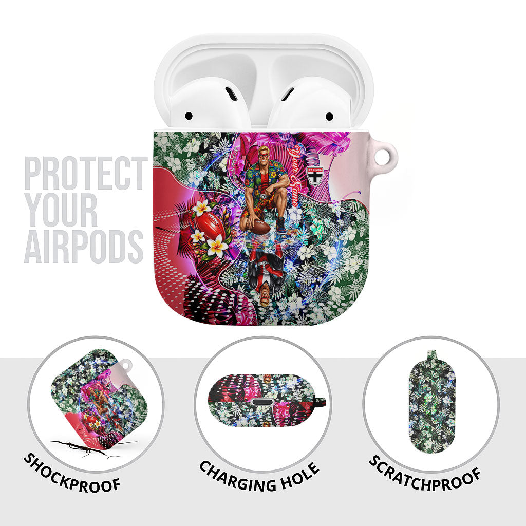 Personalized St Kilda Football Saints AirPods Case Tropical Hibiscus Flowers - Pacific Fusion Style