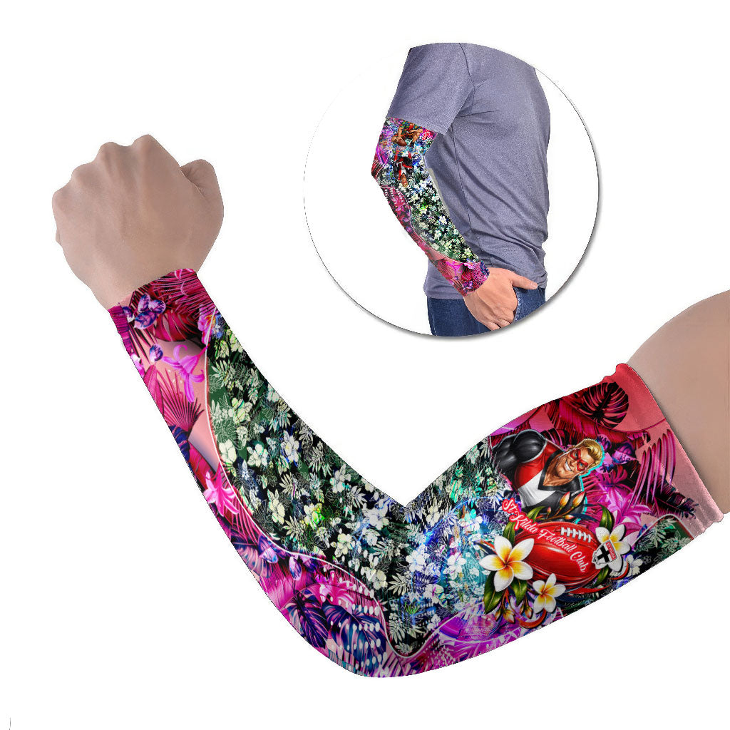 Personalized St Kilda Football Saints Arm Sleeves Tropical Hibiscus Flowers - Pacific Fusion Style