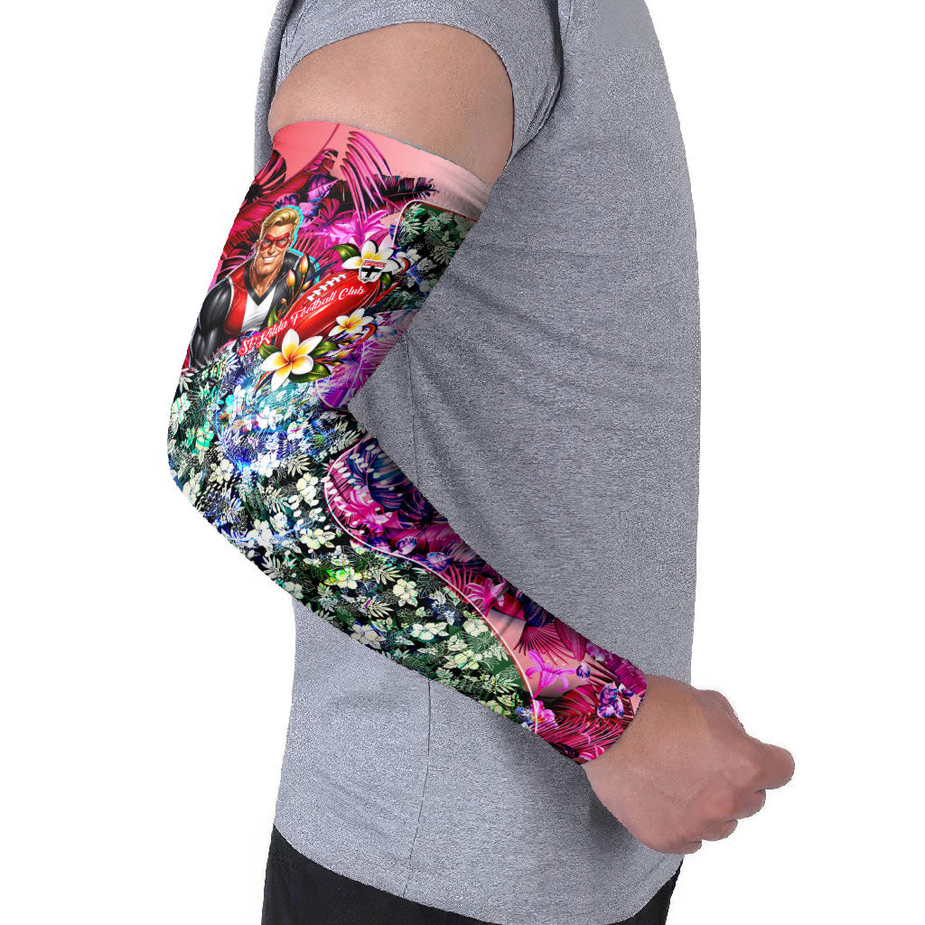 Personalized St Kilda Football Saints Arm Sleeves Tropical Hibiscus Flowers - Pacific Fusion Style