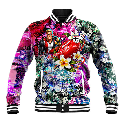 Personalized St Kilda Football Saints Baseball Jacket Tropical Hibiscus Flowers - Pacific Fusion Style