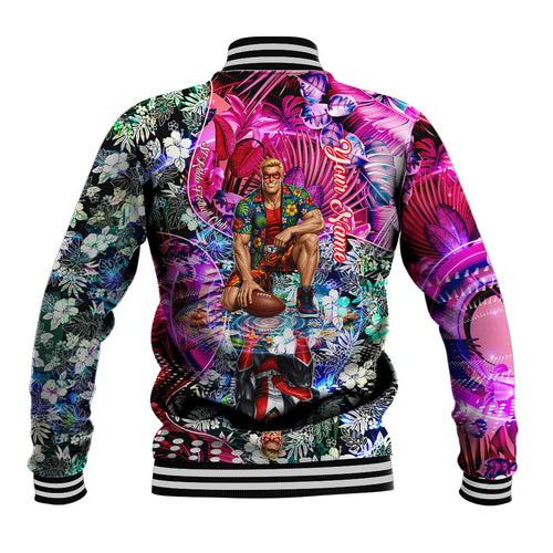 Personalized St Kilda Football Saints Baseball Jacket Tropical Hibiscus Flowers - Pacific Fusion Style