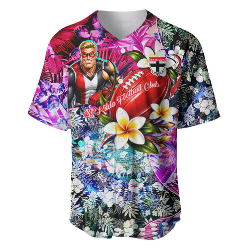 Personalized St Kilda Football Saints Baseball Jersey Tropical Hibiscus Flowers - Pacific Fusion Style