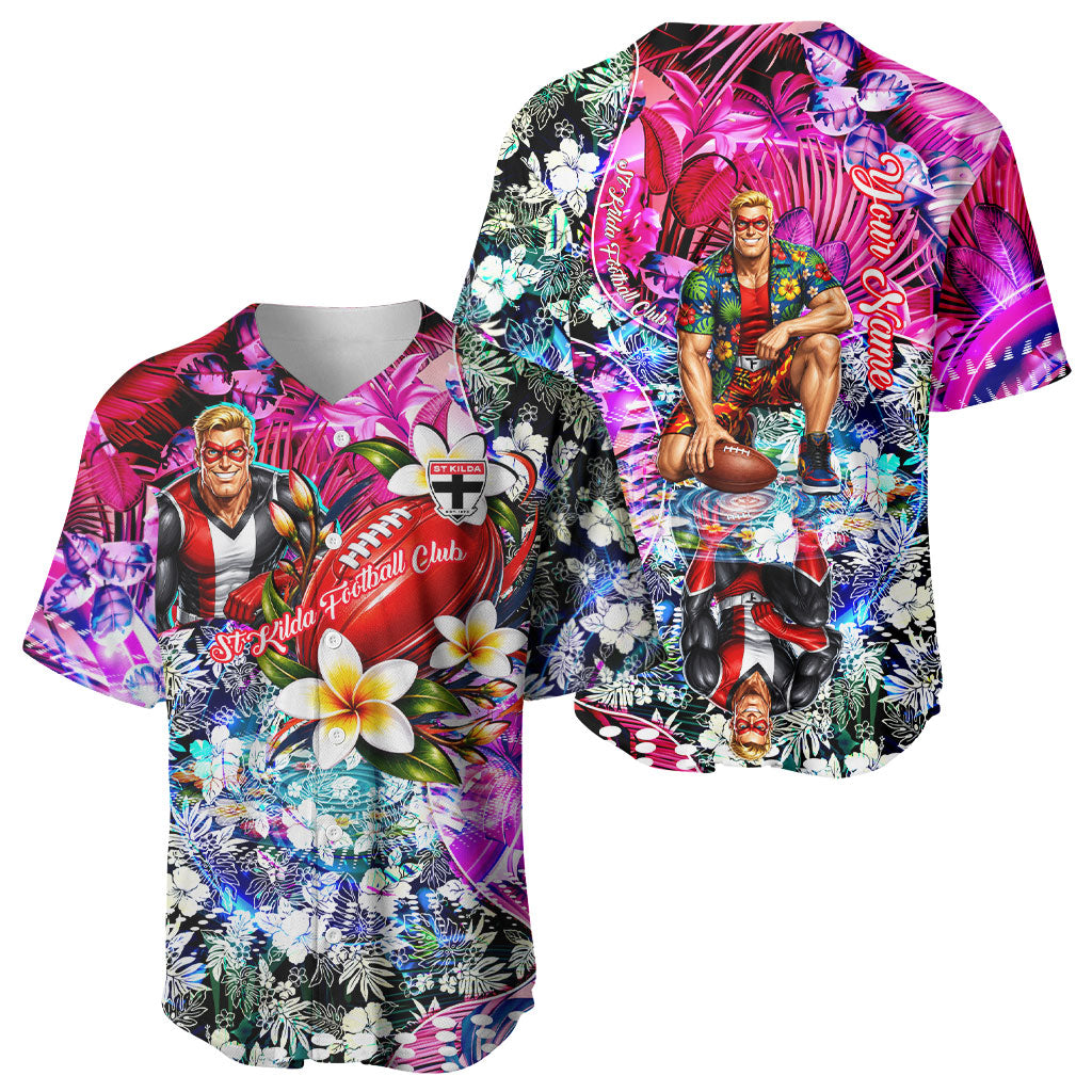 Personalized St Kilda Football Saints Baseball Jersey Tropical Hibiscus Flowers - Pacific Fusion Style