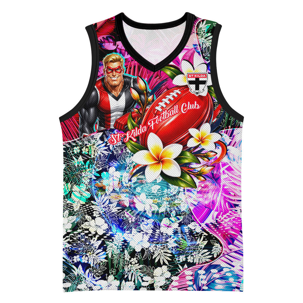 Personalized St Kilda Football Saints Basketball Jersey Tropical Hibiscus Flowers - Pacific Fusion Style