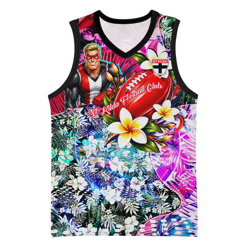 Personalized St Kilda Football Saints Basketball Jersey Tropical Hibiscus Flowers - Pacific Fusion Style