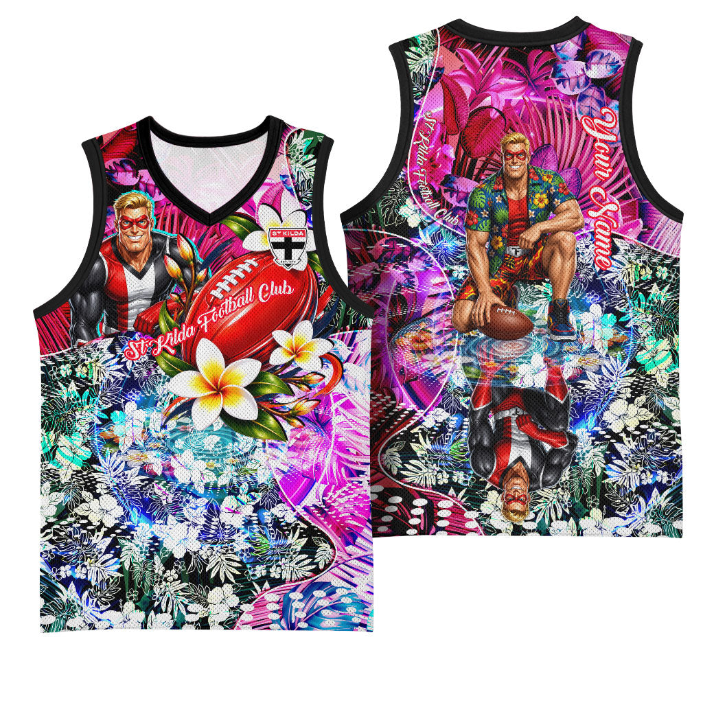 Personalized St Kilda Football Saints Basketball Jersey Tropical Hibiscus Flowers - Pacific Fusion Style