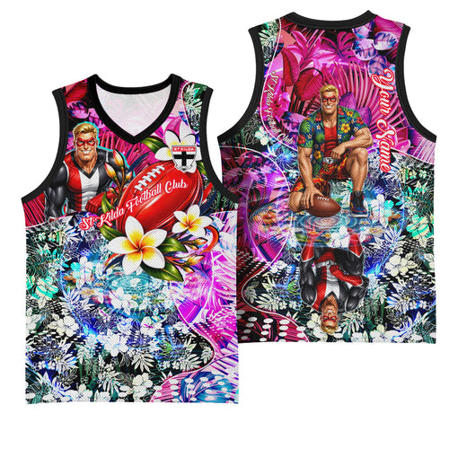 Personalized St Kilda Football Saints Basketball Jersey Tropical Hibiscus Flowers - Pacific Fusion Style