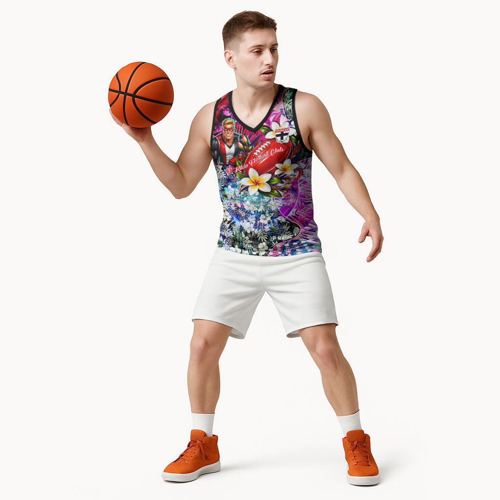 Personalized St Kilda Football Saints Basketball Jersey Tropical Hibiscus Flowers - Pacific Fusion Style