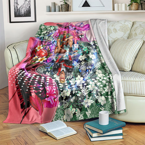 Personalized St Kilda Football Saints Blanket Tropical Hibiscus Flowers - Pacific Fusion Style