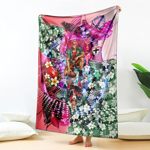 Personalized St Kilda Football Saints Blanket Tropical Hibiscus Flowers - Pacific Fusion Style