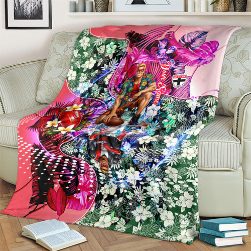 Personalized St Kilda Football Saints Blanket Tropical Hibiscus Flowers - Pacific Fusion Style