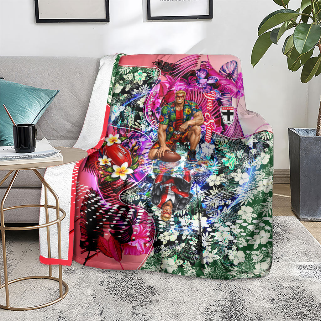 Personalized St Kilda Football Saints Blanket Tropical Hibiscus Flowers - Pacific Fusion Style