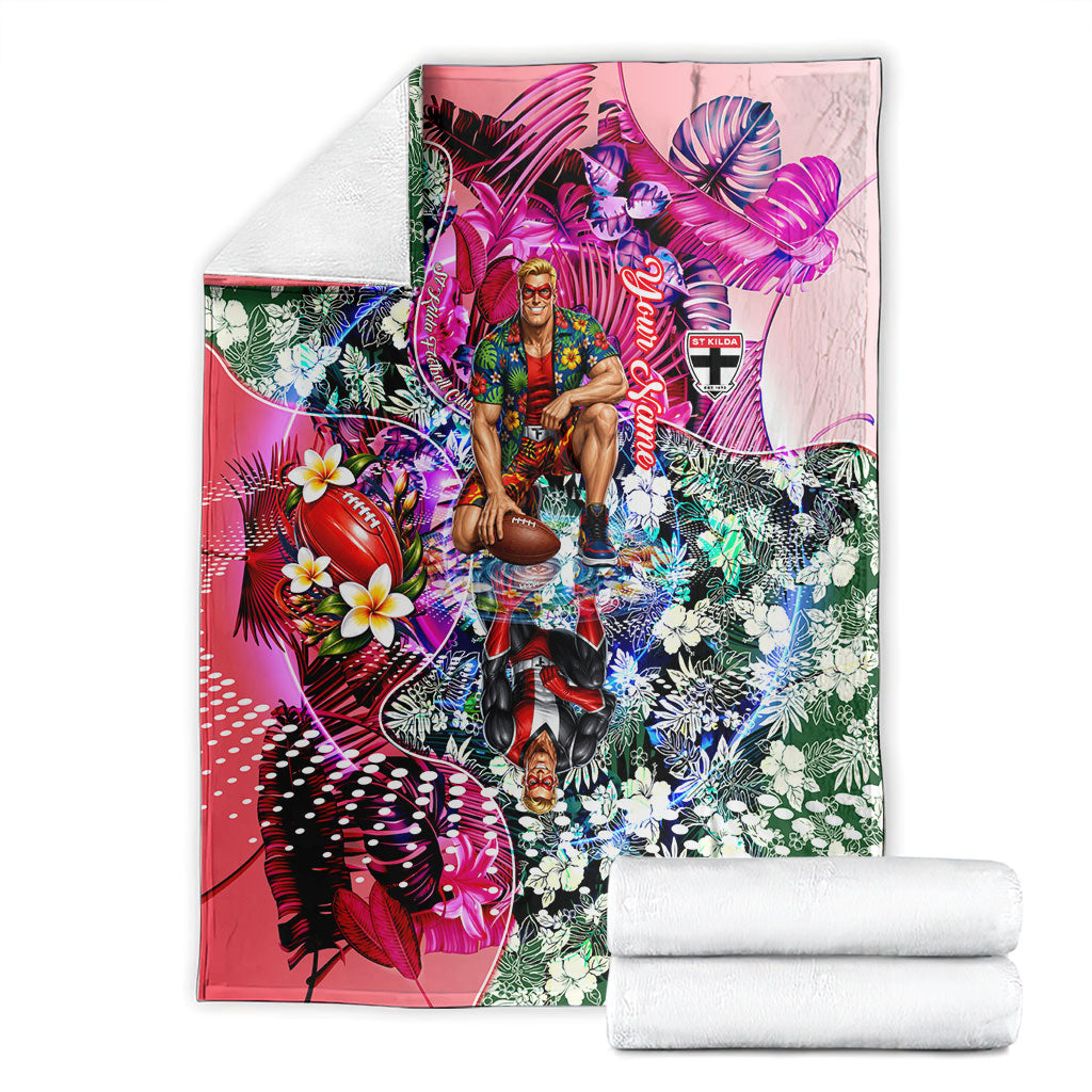 Personalized St Kilda Football Saints Blanket Tropical Hibiscus Flowers - Pacific Fusion Style