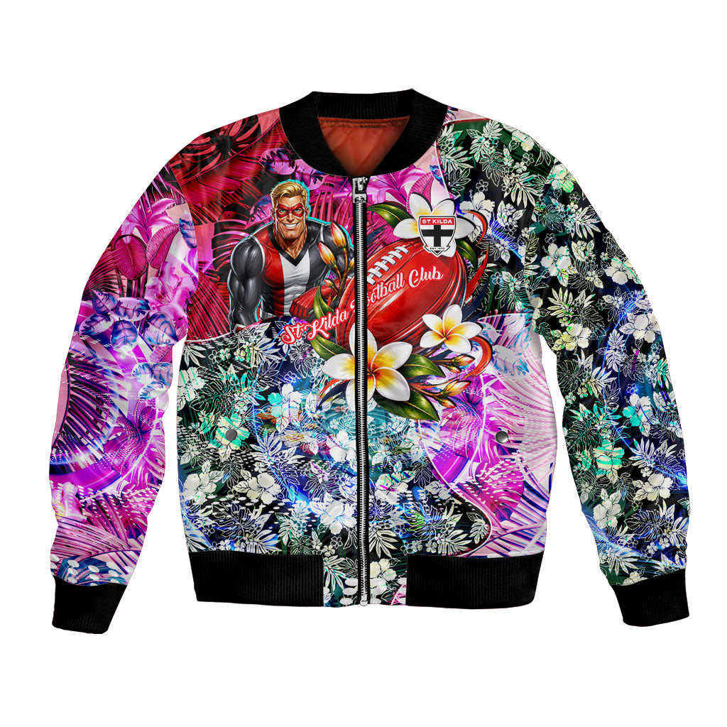 Personalized St Kilda Football Saints Bomber Jacket Tropical Hibiscus Flowers - Pacific Fusion Style