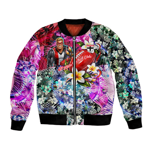 Personalized St Kilda Football Saints Bomber Jacket Tropical Hibiscus Flowers - Pacific Fusion Style