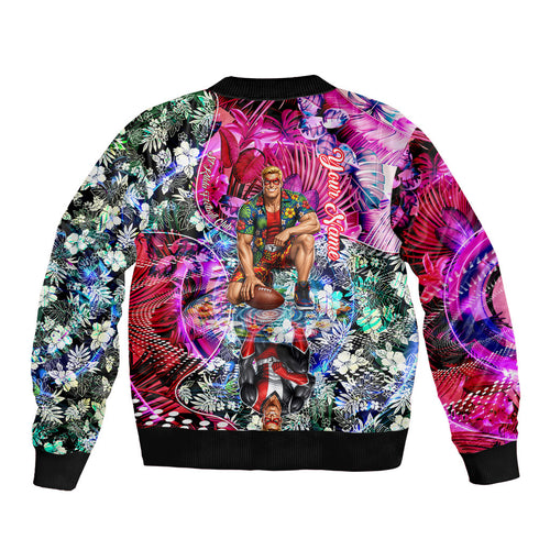 Personalized St Kilda Football Saints Bomber Jacket Tropical Hibiscus Flowers - Pacific Fusion Style