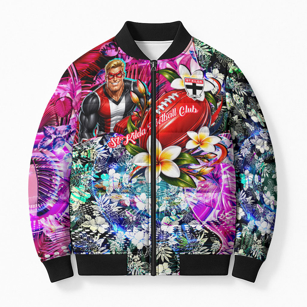 Personalized St Kilda Football Saints Bomber Puffer Jacket Tropical Hibiscus Flowers - Pacific Fusion Style