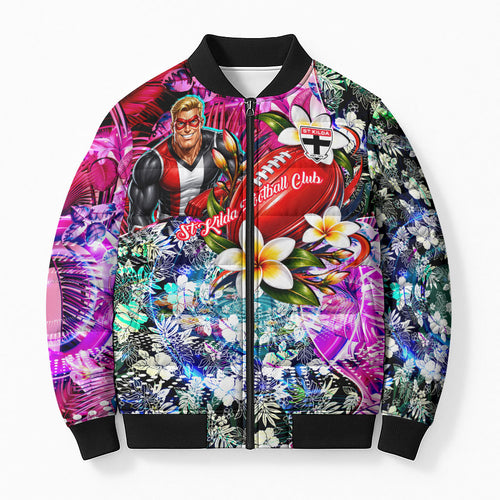 Personalized St Kilda Football Saints Bomber Puffer Jacket Tropical Hibiscus Flowers - Pacific Fusion Style