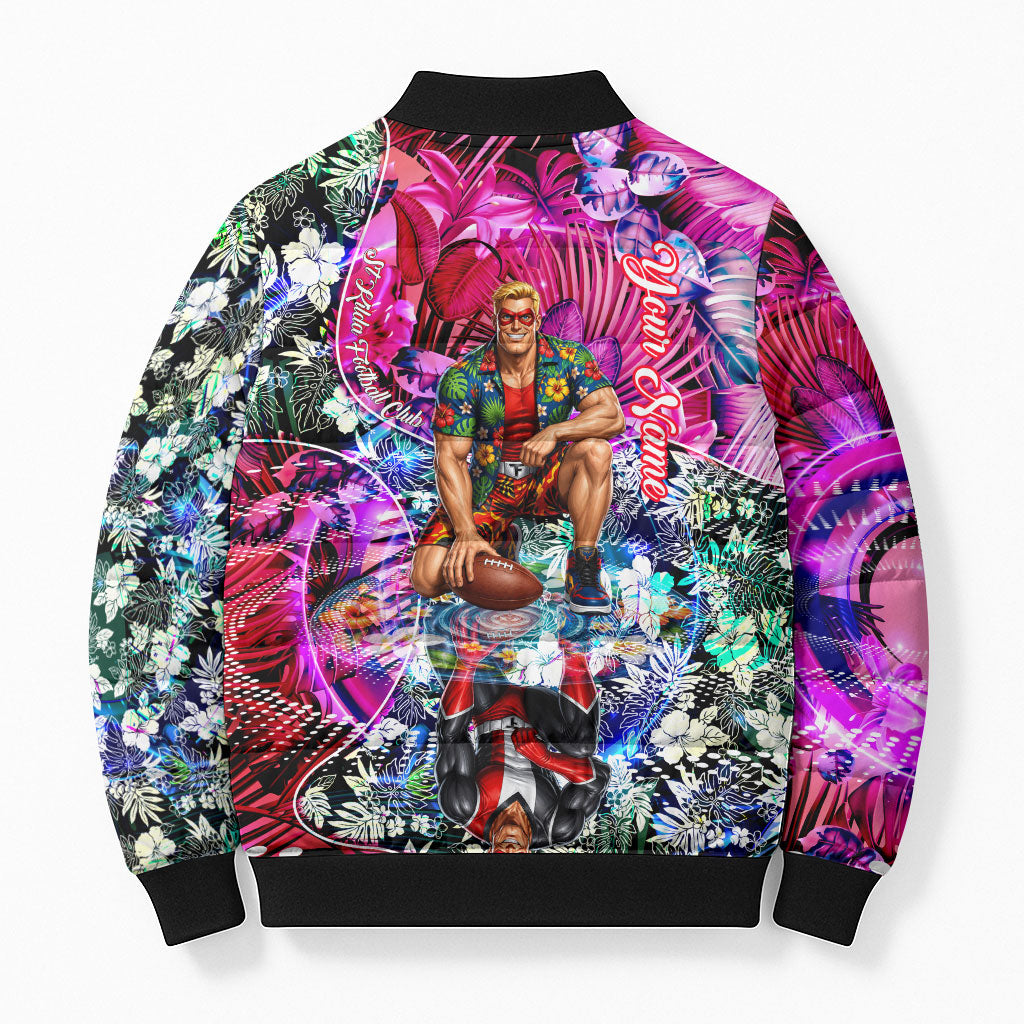 Personalized St Kilda Football Saints Bomber Puffer Jacket Tropical Hibiscus Flowers - Pacific Fusion Style