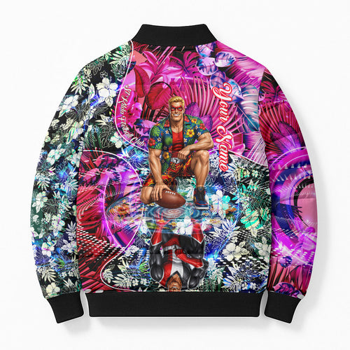 Personalized St Kilda Football Saints Bomber Puffer Jacket Tropical Hibiscus Flowers - Pacific Fusion Style