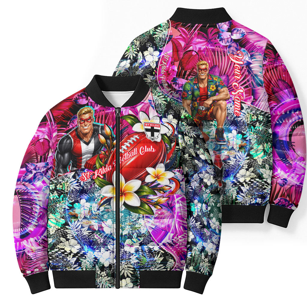 Personalized St Kilda Football Saints Bomber Puffer Jacket Tropical Hibiscus Flowers - Pacific Fusion Style