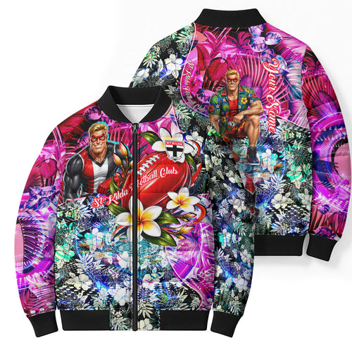 Personalized St Kilda Football Saints Bomber Puffer Jacket Tropical Hibiscus Flowers - Pacific Fusion Style