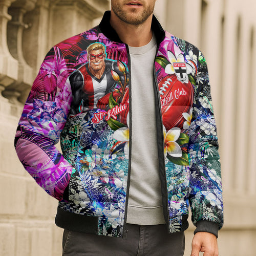 Personalized St Kilda Football Saints Bomber Puffer Jacket Tropical Hibiscus Flowers - Pacific Fusion Style