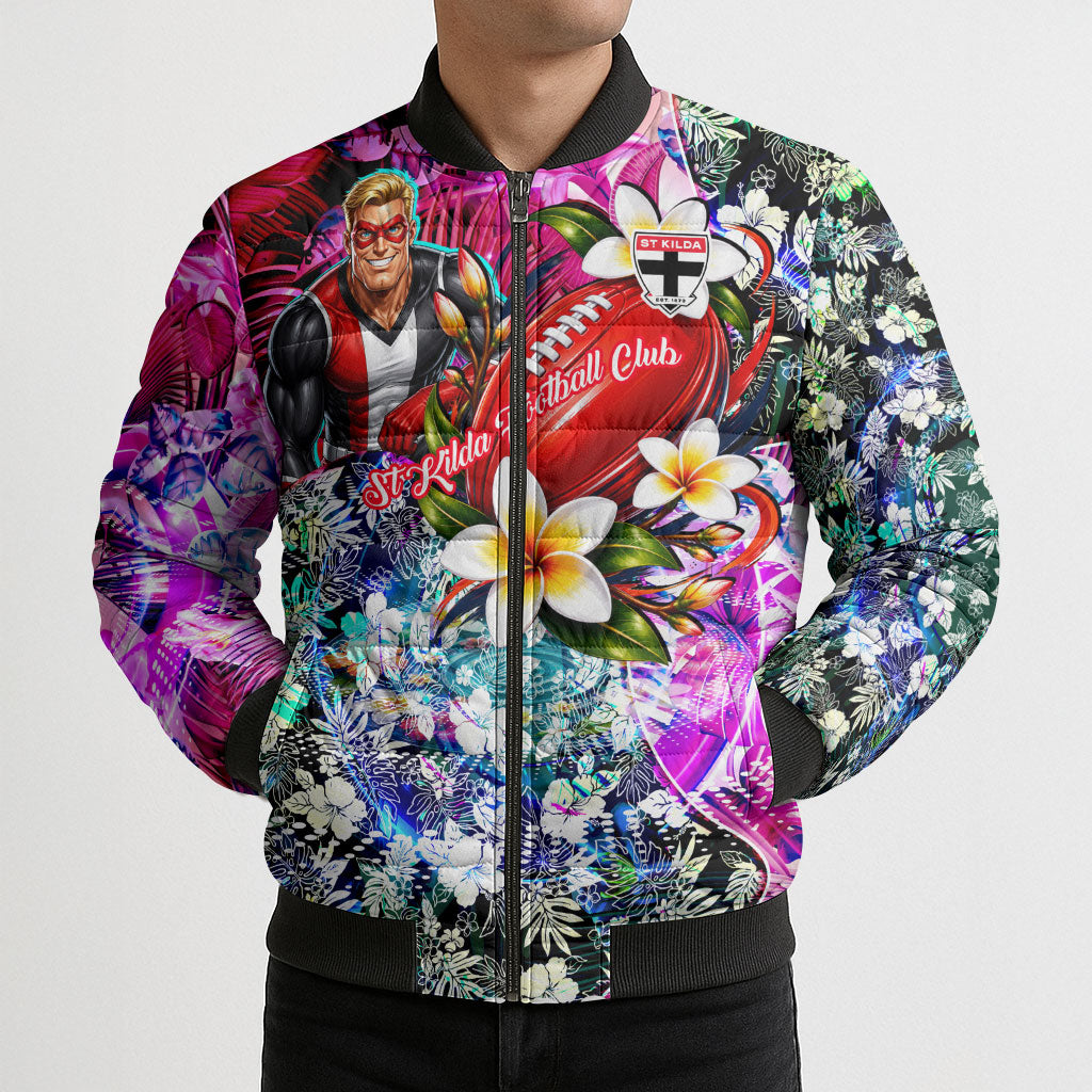Personalized St Kilda Football Saints Bomber Puffer Jacket Tropical Hibiscus Flowers - Pacific Fusion Style