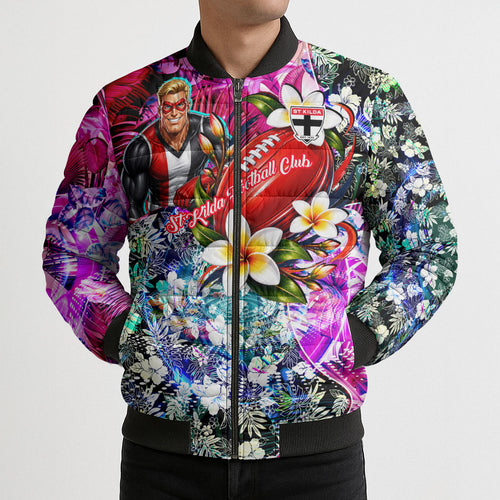 Personalized St Kilda Football Saints Bomber Puffer Jacket Tropical Hibiscus Flowers - Pacific Fusion Style