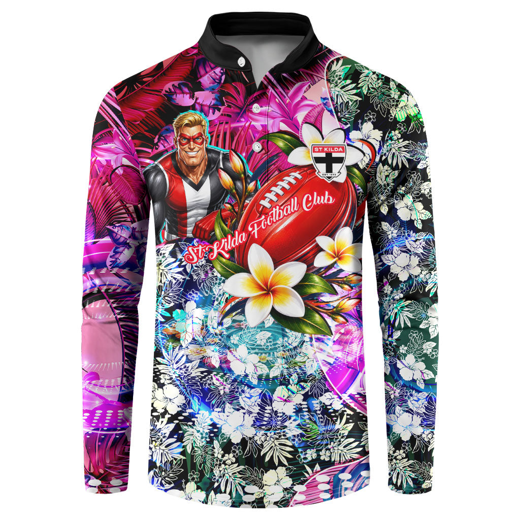 Personalized St Kilda Football Saints Button Sweatshirt Tropical Hibiscus Flowers - Pacific Fusion Style