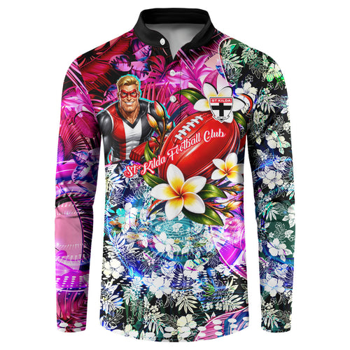 Personalized St Kilda Football Saints Button Sweatshirt Tropical Hibiscus Flowers - Pacific Fusion Style
