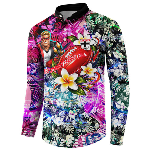 Personalized St Kilda Football Saints Button Sweatshirt Tropical Hibiscus Flowers - Pacific Fusion Style