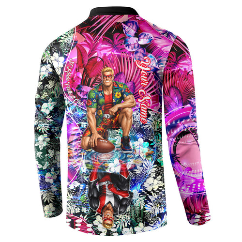 Personalized St Kilda Football Saints Button Sweatshirt Tropical Hibiscus Flowers - Pacific Fusion Style