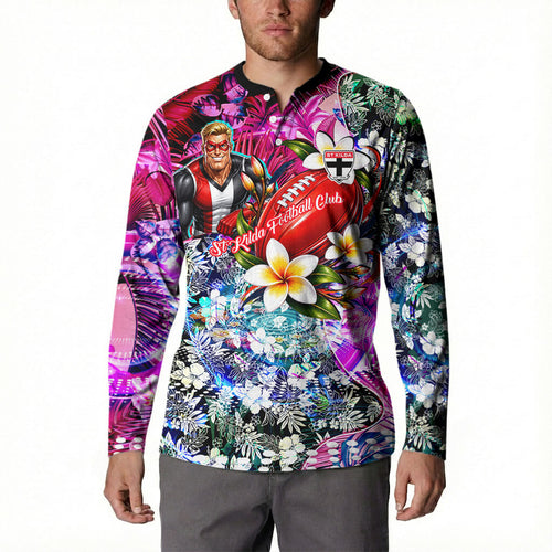 Personalized St Kilda Football Saints Button Sweatshirt Tropical Hibiscus Flowers - Pacific Fusion Style