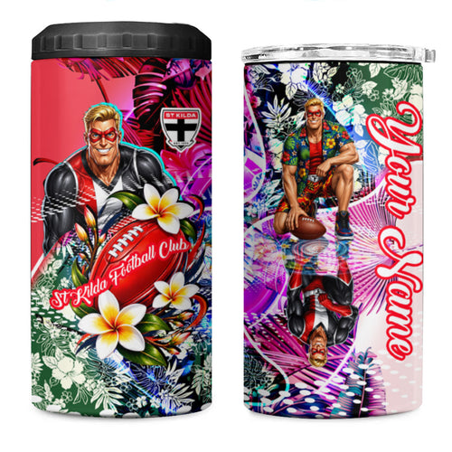 Personalized St Kilda Football Saints 4 in 1 Can Cooler Tumbler Tropical Hibiscus Flowers - Pacific Fusion Style