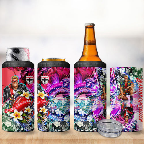 Personalized St Kilda Football Saints 4 in 1 Can Cooler Tumbler Tropical Hibiscus Flowers - Pacific Fusion Style