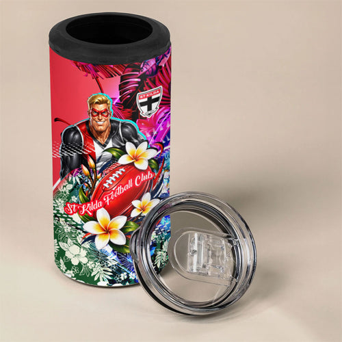 Personalized St Kilda Football Saints 4 in 1 Can Cooler Tumbler Tropical Hibiscus Flowers - Pacific Fusion Style