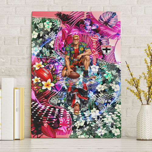 Personalized St Kilda Football Saints Canvas Wall Art Tropical Hibiscus Flowers - Pacific Fusion Style