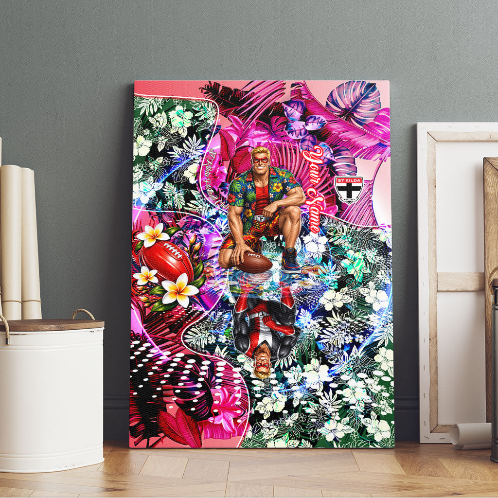 Personalized St Kilda Football Saints Canvas Wall Art Tropical Hibiscus Flowers - Pacific Fusion Style
